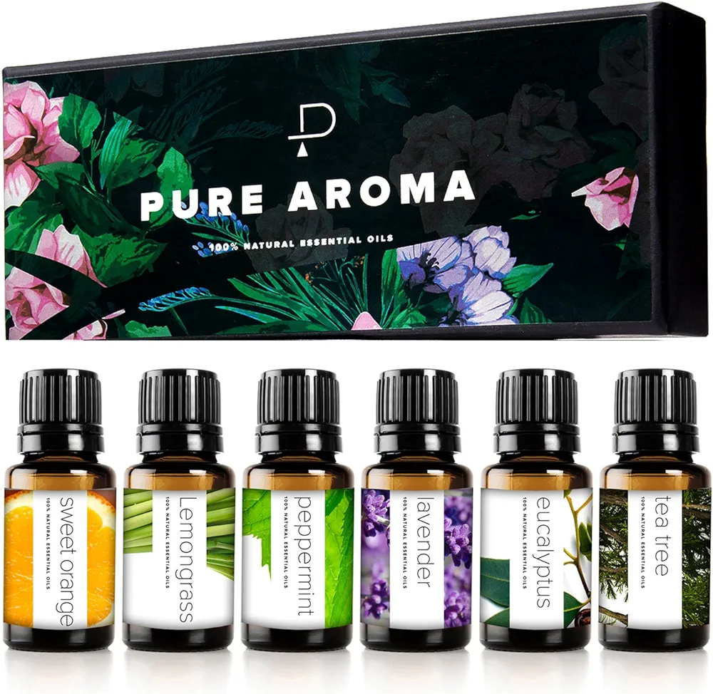 Essential Oils by Pure Aroma - Top 6 Aromatherapy Oils Gift Set-6 Pack, 10ml(Eucalyptus, Lavender, Lemongrass, Sweet Orange, Peppermint, Tea Tree)