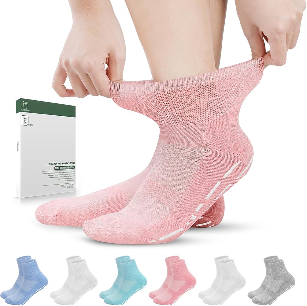 Diabetic Socks with Grippers for Men Women -6 Pairs Non Binding Diabetic Ankle Slipper Socks Size 6-9 9-12