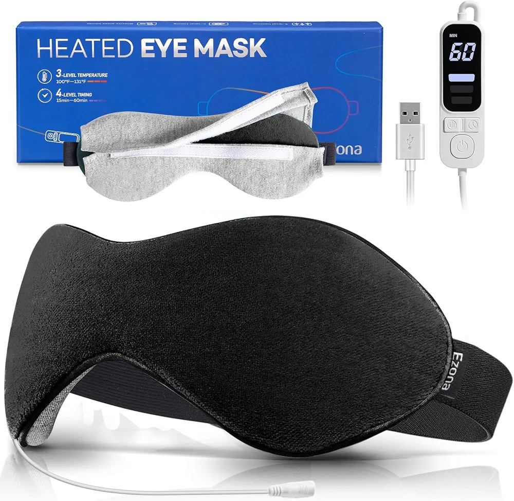 Ezona Heated Eye Mask, Warm Eye Compress Mask for Dry Eyes, USB Electric Eye Heating Pad with Temperature & Timer Control, Dry Eye Mask for Dry Eyes, Blepharitis, Sinus Migraine (Black)