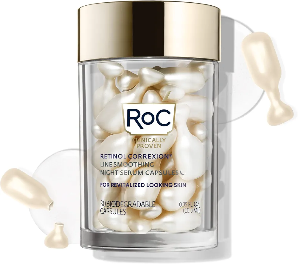 RoC Retinol Correxion Anti-Aging Wrinkle Night Serum, Daily Line Smoothing Skin Care Treatment for Fine Lines, Post-Acne Scars, 30 Individual Capsules, Unscented, 0.35 Fl Oz