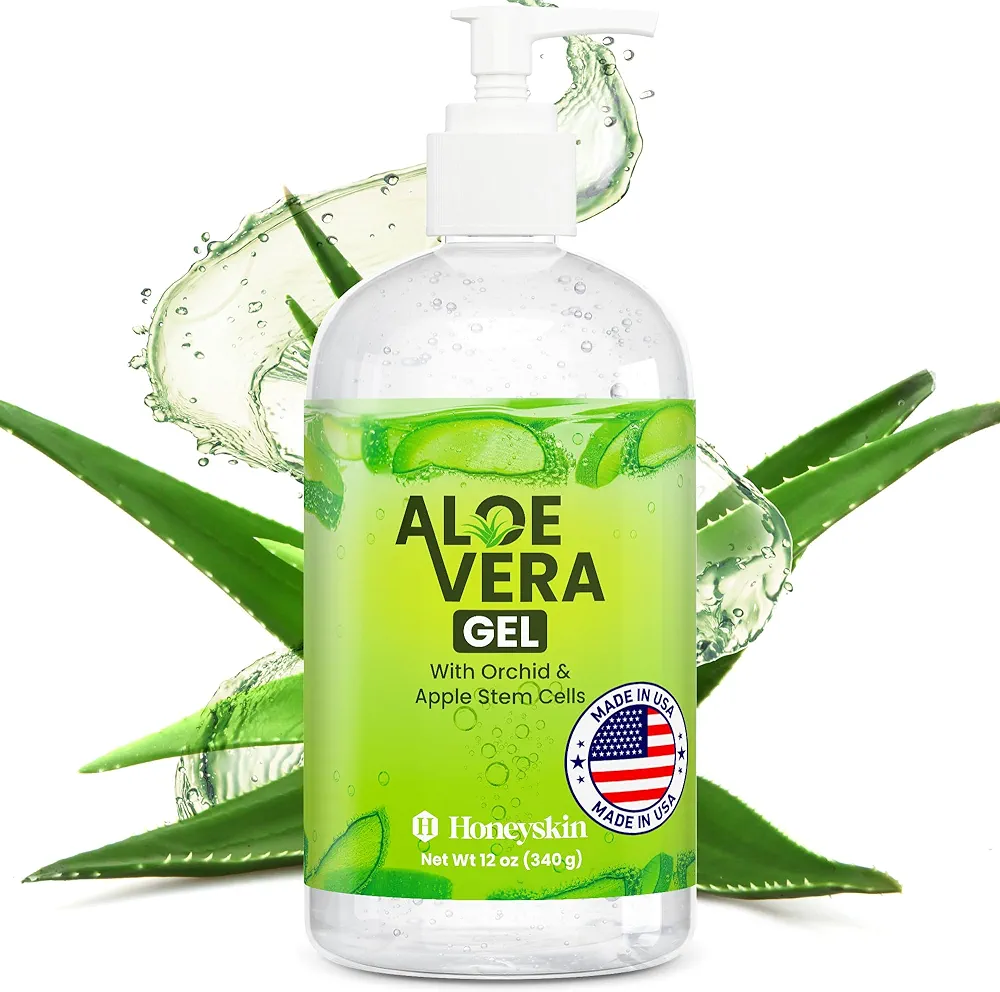 Honeyskin Organic Aloe Vera Gel for Face with Orchid & Apple Stem Cells - Soothing & Hydrating Aloe Gel for Sunburn Relief & After Sun Care - 100% Aloe Vera Gel for Hair, Face & Body (12 Fl Oz)