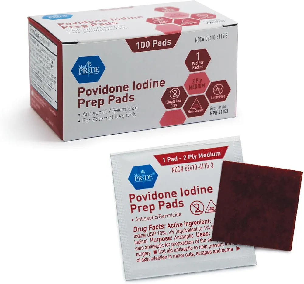 MED PRIDE Povidone Iodine Prep Pads For Wounds [Box of 100] - Individually Wrapped Iodine Wipes, 2-Ply, Medium- Wound Care First-Aid Antiseptic- Alcohol-free Medical-Grade 10% Povidone Iodine Packets