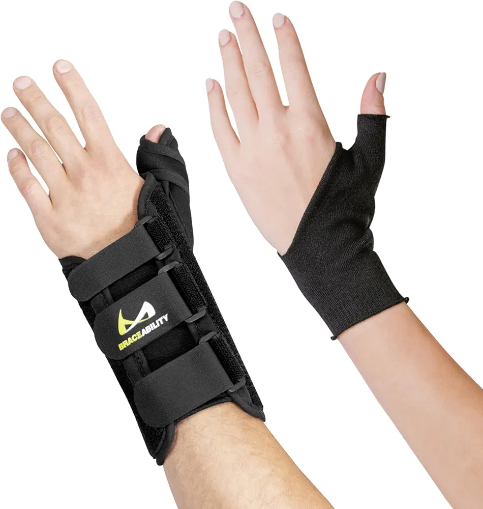 BraceAbility Wrist and Thumb Splint + Soft Undersleeve Bundle - Ultimate Arthritis, De Quervain's Support, Tendonitis Relief - Includes Protective Hand Sock Wrist Brace with Thumb Stabilizer (L-Left)