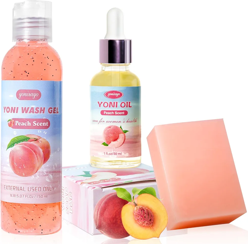 3 PCS Feminine Wash Yoni Oil Yoni Bar Soap Set, Natural Yoni Wash for Women Vagina Ph Balance, Intimate Deodorant Remove Odor Moisturizing Body Wash, Peach Scent