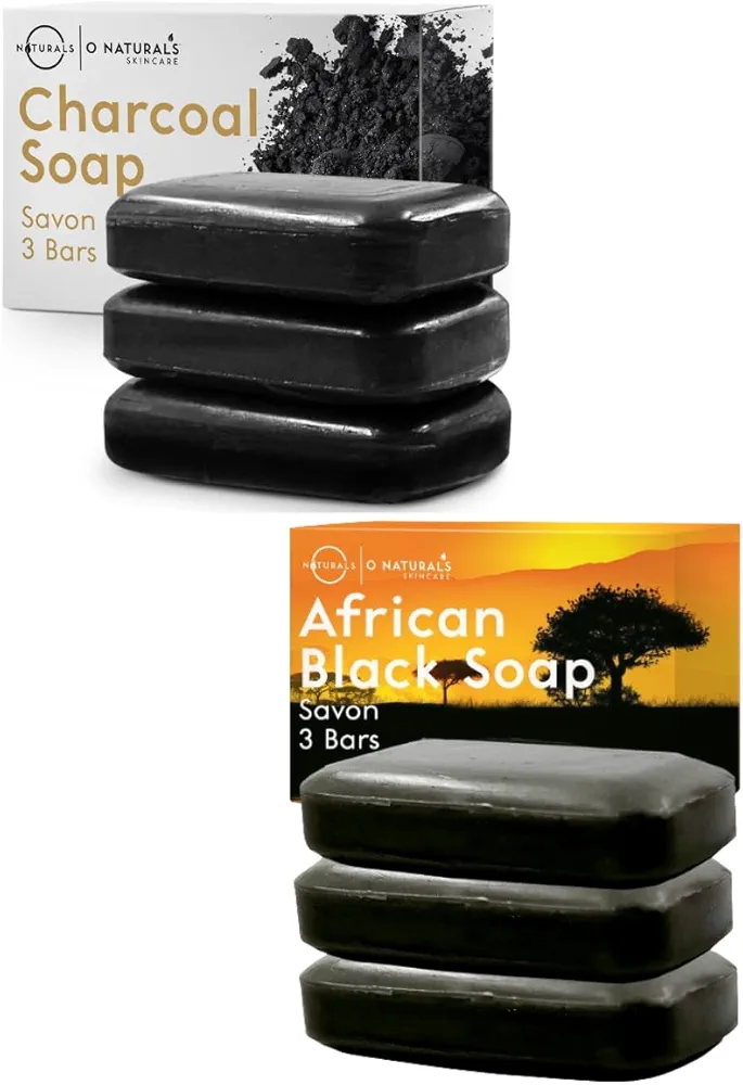 O Naturals Moisturizing African Black Soap & Detoxifying Charcoal Soap Bar Bundle Two 3 Packs, 4 Ounce Each Bar Of Soap.