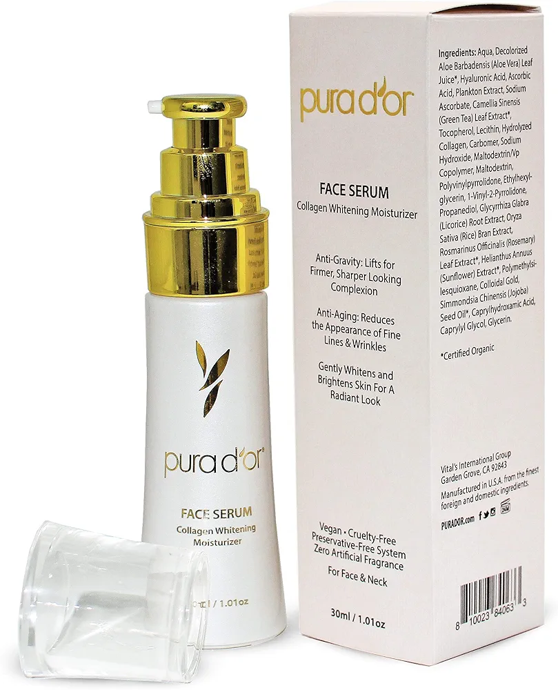 PURA D'OR Face Serum Collagen Whitening Moisturizer (30mL)-Whitens & Brightens Skin For Radiant, Firmer, Sharper Looking Complexion, Reduces the Appearance of Fine Lines & Wrinkles- For Face & Neck