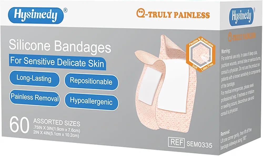 Silicone Bandages Assorted Sizes for Sensitive Fragile Skin 60 Counts Extra Large and Small Size Non Latex Non Allergenic Hypoallergenic Painless Removal Bandages