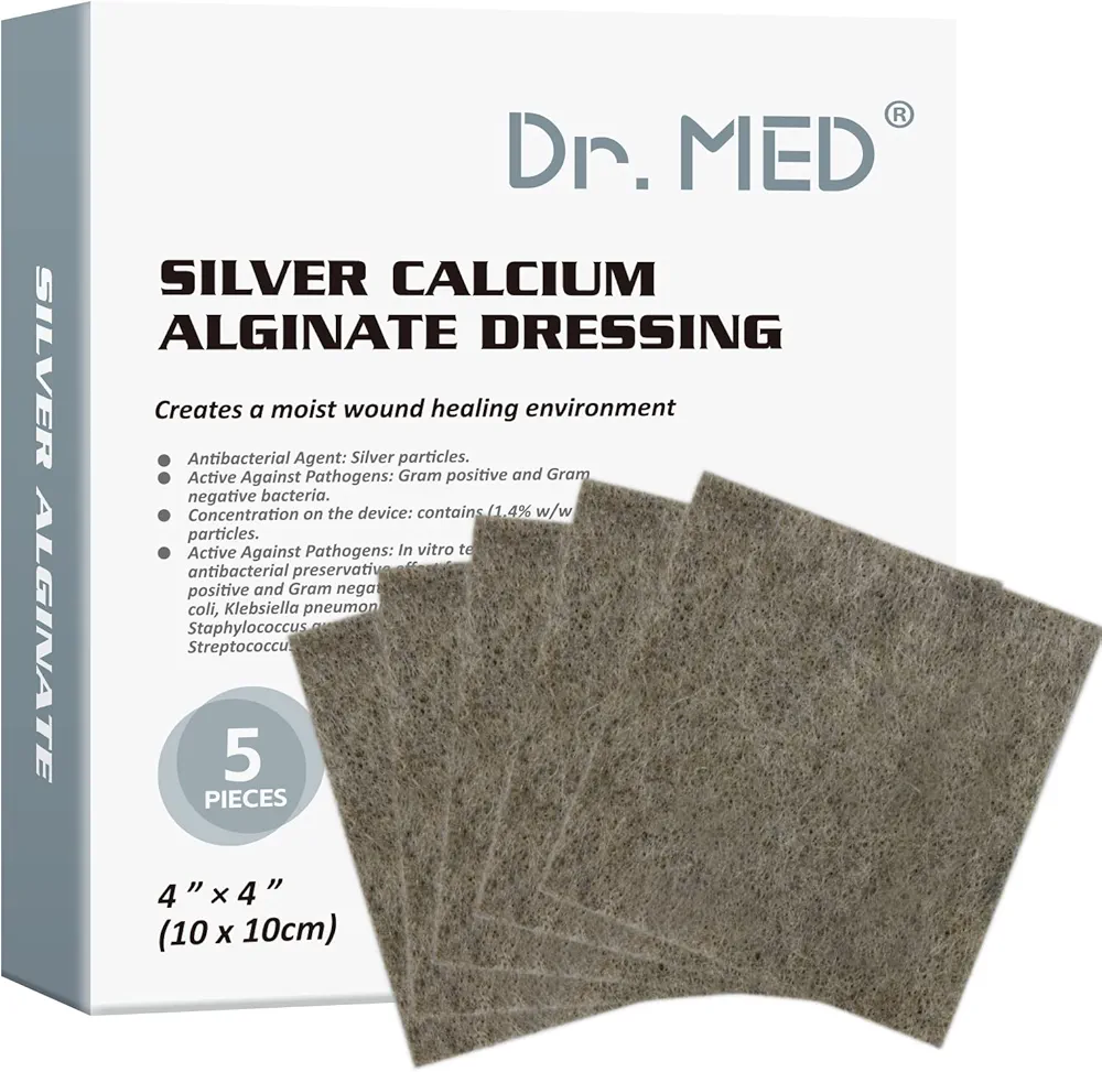 Dr. Med Ag Silver Calcium Alginate Wound Dressing 4''x4'', 5 Individual Pack Patches High Absorbency Ag Alginate Wound Bandage, Non-Adhesive, Painless Removal Gauze for Bedsore, Ulcers(5 PCS/Box)