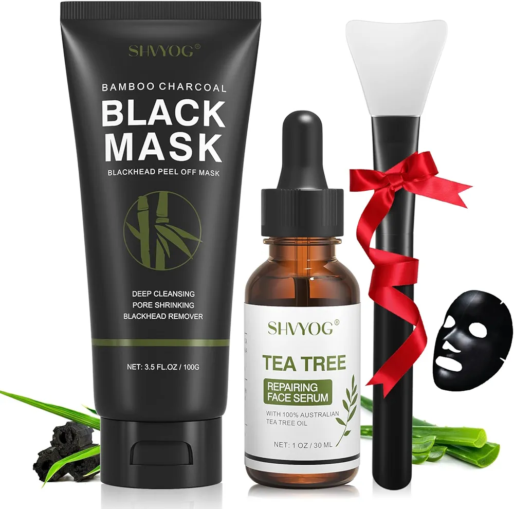 SHVYOG Blackhead Peel Off Face Mask, 3-in-1 Blackhead Remover Mask with Brush & Tea Tree Oil Serum, Charcoal Mask for Deep Cleansing Dirts, Pores, Skin Oil (100g+30ml)