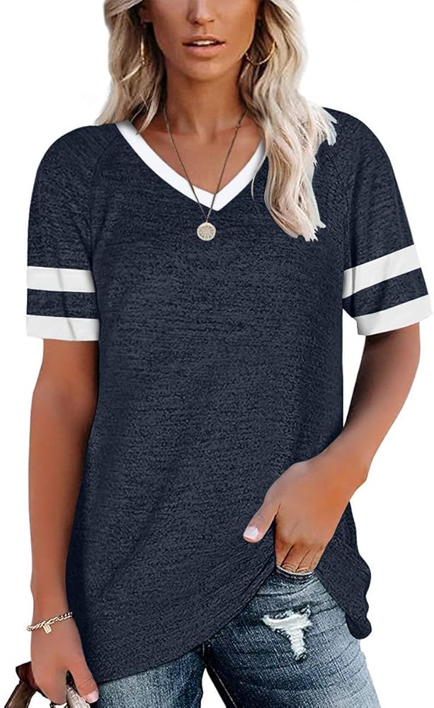 Esobo Womens T Shirts Short Sleeve Tunic Tops Loose Crewneck Color Block Casual Tee Shirts Blouses