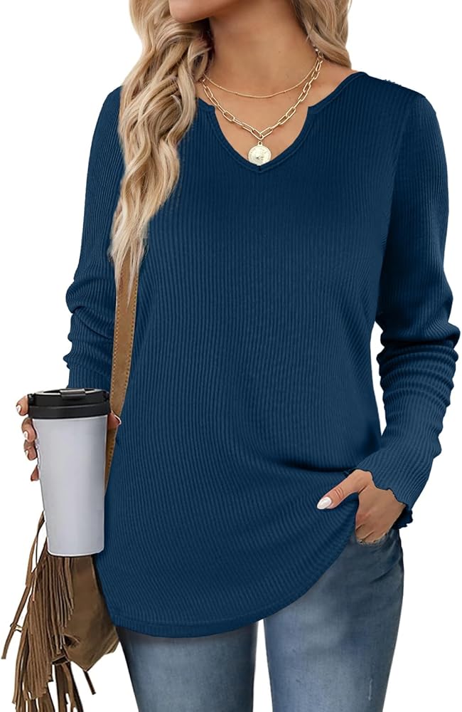 Womens Blouses Tops Dressy V Neck Sweaters for Women 2024 Trendy Winter Clothes 2024 Blue L