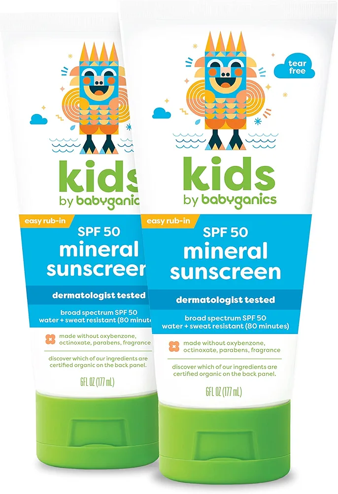 Babyganics SPF 50 Kids Sunscreen Lotion | UVA UVB Protection | Octinoxate & Oxybenzone Free | Water & Sweat Resistant, 6 Fl Oz (Pack of 2)