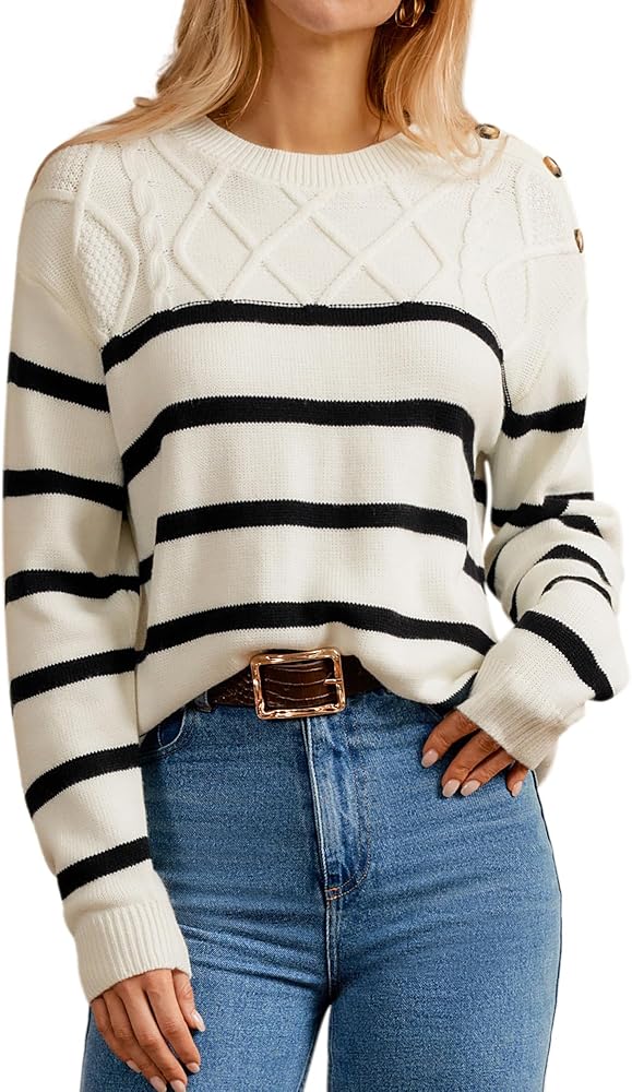 GRACE KARIN Women's 2024 Fall Winter Striped Sweater Oversized Crew Neck Cable Knit Sweater Button Shoulder Pullover Tops