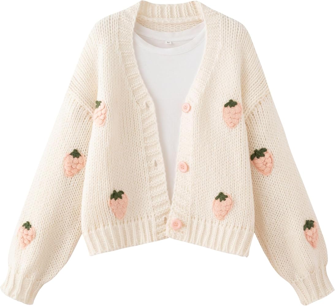 FindThy Women’s Kawaii Strawberry Embroidered Cardigan Long Sleeve V Neck Chunky Knitted Cardigans Tops