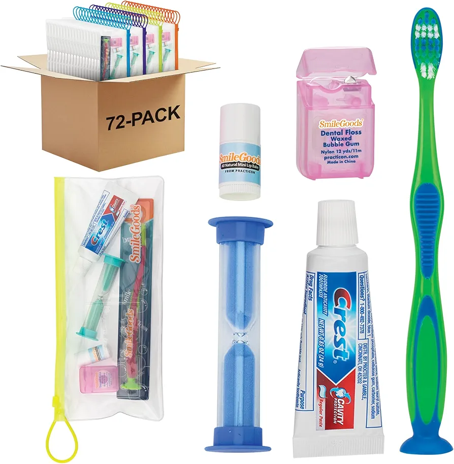 SmileGoods Child Deluxe Dental Care Kit with Toothbrush, Toothpaste, Floss, Sand Timer and Lip Balm, 72 Pack