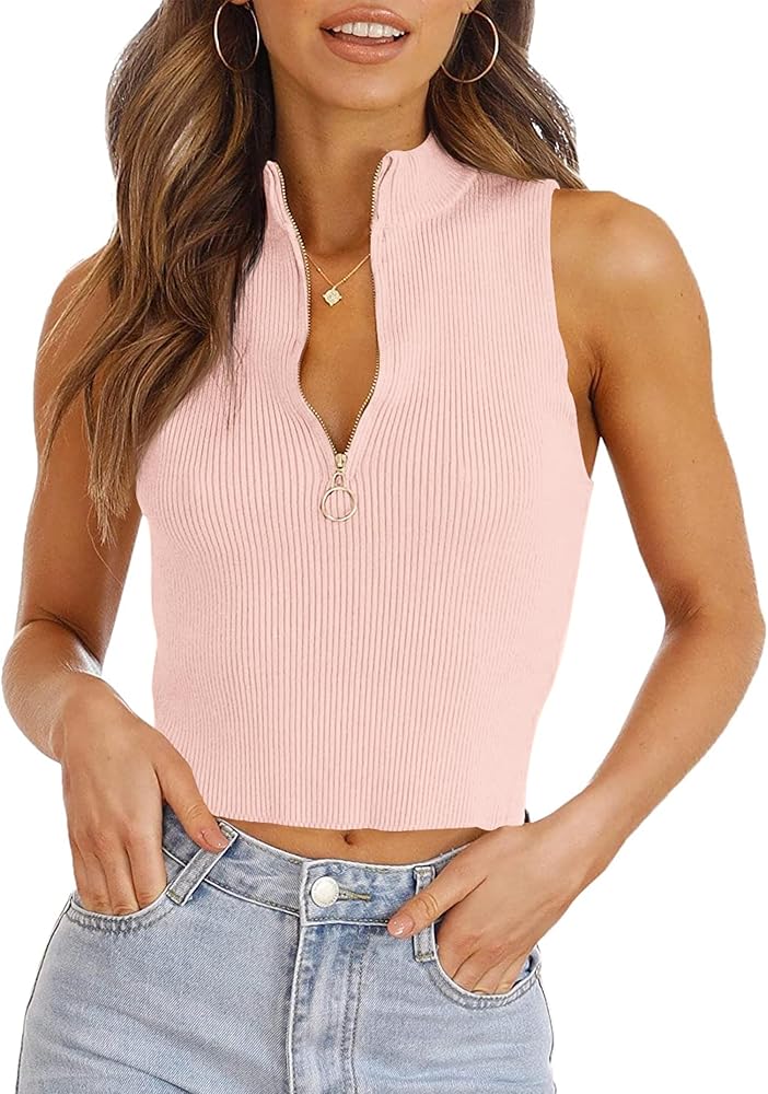 Womens Sweater Vest Knit Tank Tops Crop Ribbed Zipper Sleeveless Shirt Tops