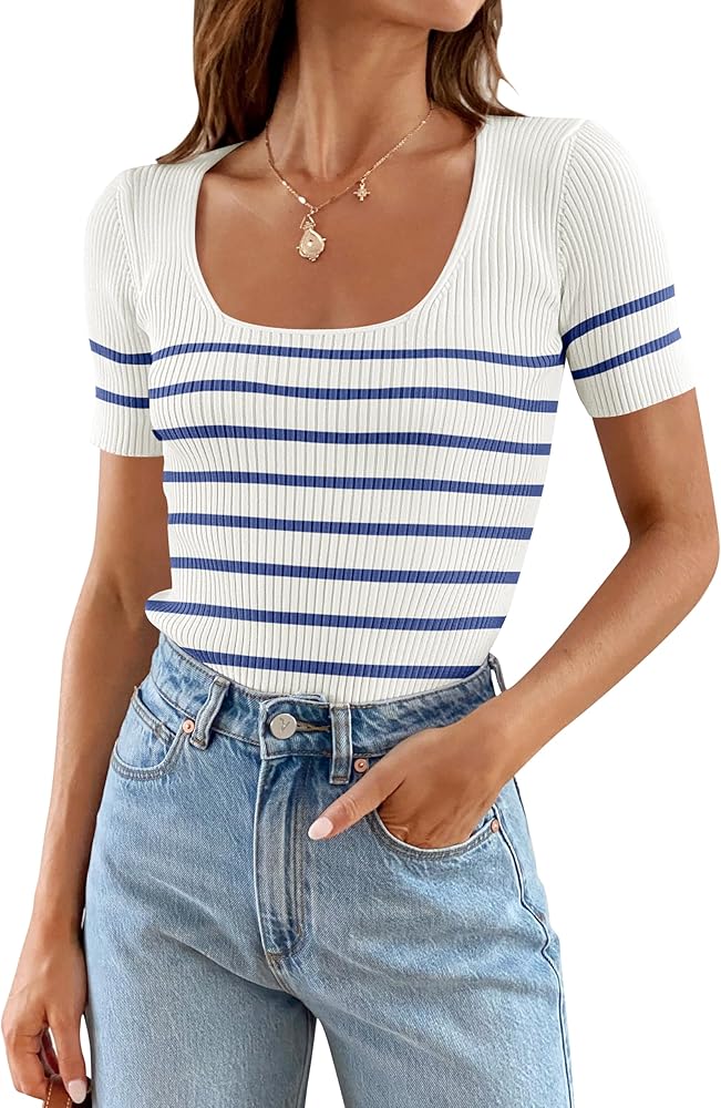 ZESICA Striped Tops for Women Summer Square Neck Tops Basic Tee Shirts Fashion 2024 Trendy Clothes