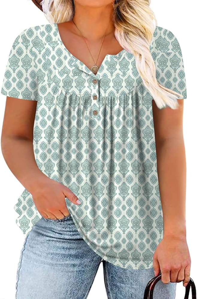 ROSRISS Womens-Plus-Size-Tops-Summer Buttons Up Henley Shirts V Neck Blouses Flowy Pleated Tunics Tee