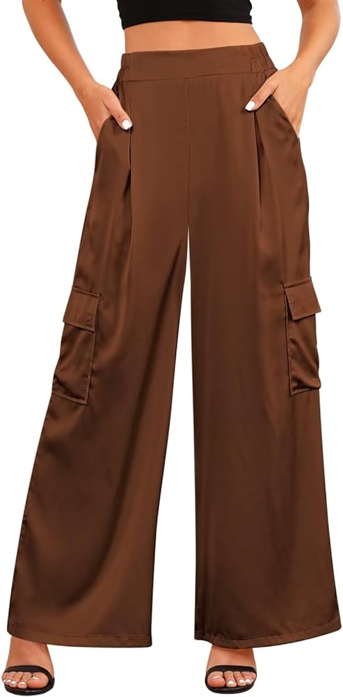 Pink Queen Women's Baggy Cargo Pants Casual Wide Leg Elastic High Waist Sweatpants with Pocket