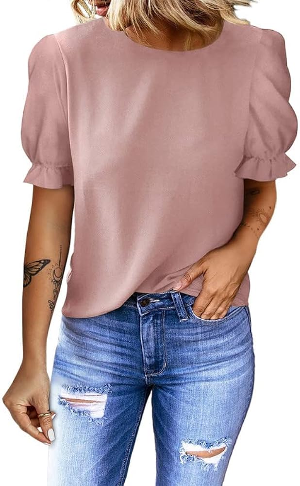 Dokotoo Womens 2024 Summer Short Sleeve Ruffle Puff Sleeve Casual Loose Shirts Tops and Blouses