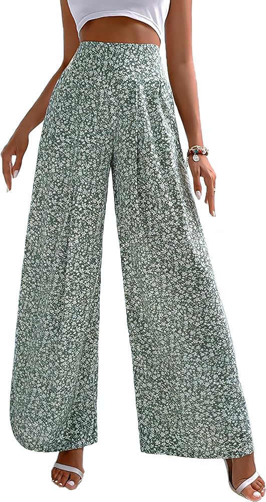 HVEPUO Women Summer High Waist Pants Lounge Boho Flowy Beach Trousers Lightweight Casua Elastic Waist Floral Print Slacks