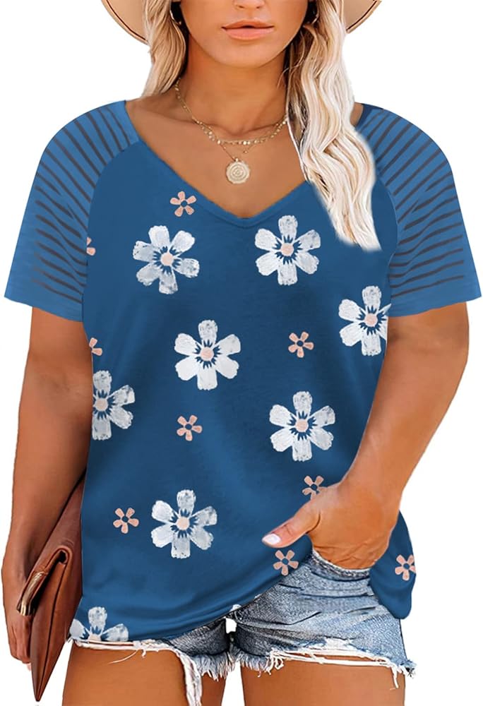 Happy Sailed Womens Plus Size Summer Tops Short/Long Sleeve V Neck Loose Casual Tee Shirt(1X-5X)