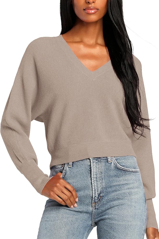 Jumppmile Women V Neck Sweater Top Lightweight Long Sleeve Cropped Sweater