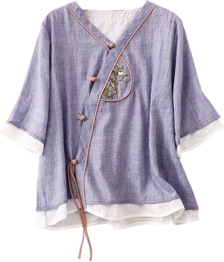 Women's Summer Cotton Linen Button 3/4 Sleeve Shirts Loose Crew Neck Casual Boho Top Vintage Embroidery Blouse Tops