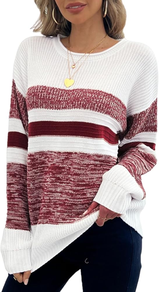 CiCiBird Women Striped Long Sleeve Sweater Oversized Color Block Knit Pullover Tops Casual Ribbed Sweaters