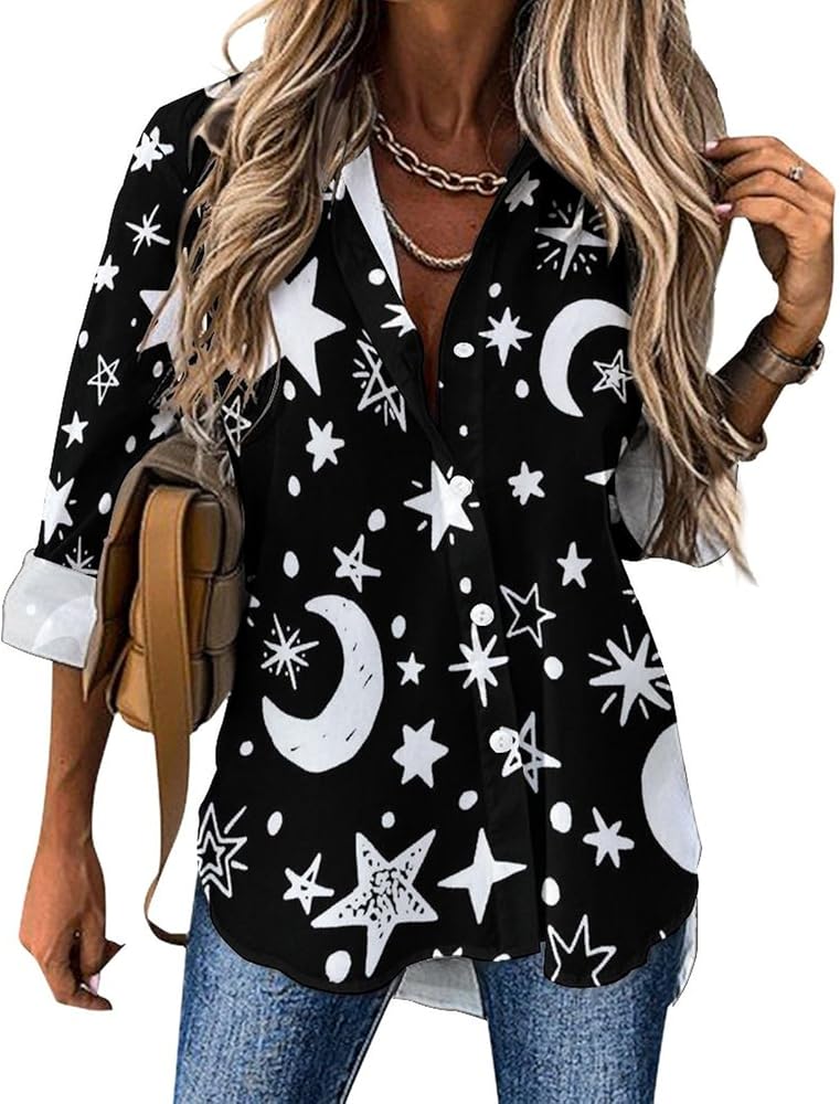 Moons and Stars Classic Shirts for Women Long Sleeve Blouse Casual V Neck Tee Tops Work Office