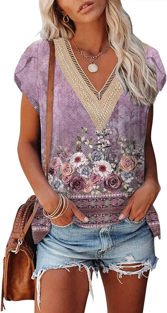 Soesdemo Womens Summer Tops Dressy Cap Sleeve Lace V Neck Hollow Floral Print Casual Loose Fit T-Shirts Blouse