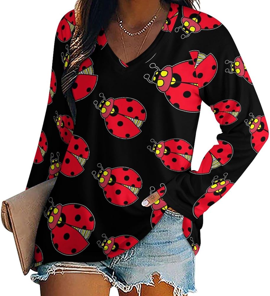 Ladybug Lady Loose Womens Shirts Long Sleeve Tees Tops Casual V-Neck Graphic Blouses