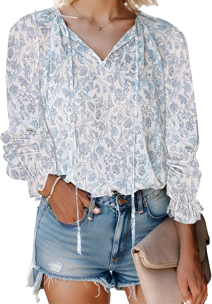 Womens Boho Floral Printed Blouse Dressy Tops Drawstring Casual V Neck Lantern Long Sleeve Shirts