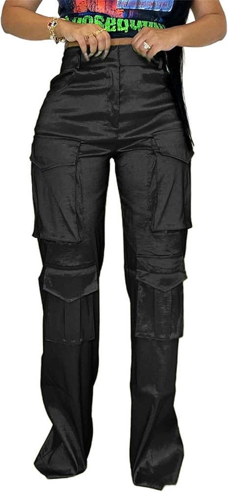 Women Baggy Cargo Satin Pants Y2K High Waisted Wide Leg Casual Pants Straight Streetwear Trousers with Multi Pockets