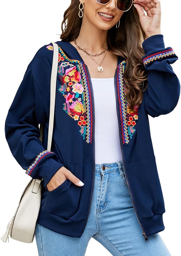 AK Women's Full Zip Long Sleeve Embroidered Sweatshirt Floral Boho Embroidered Mexican Hoodie Fall Winter Coat Tops Jackets