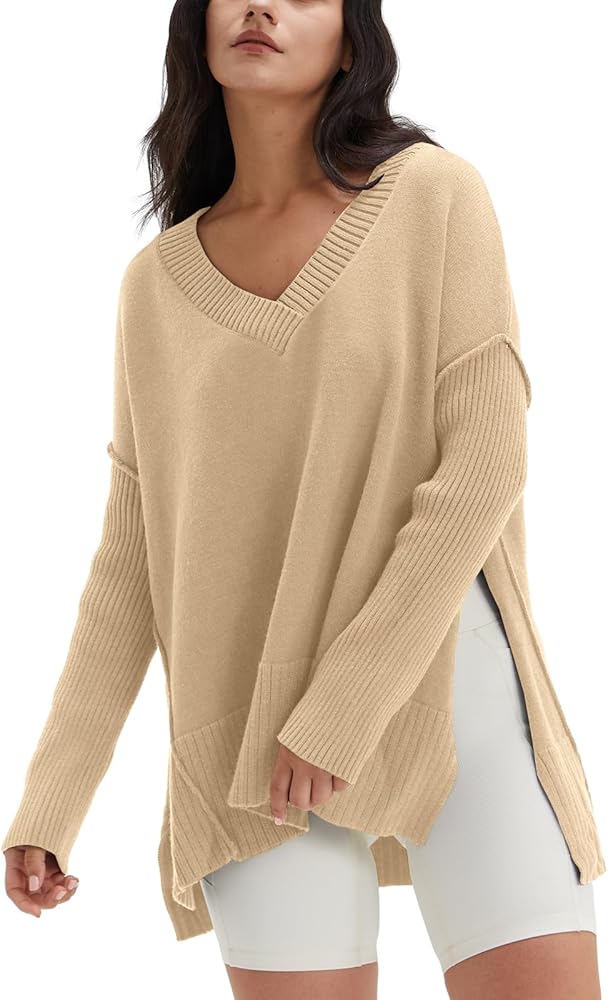 DEEP SELF Women's V Neck Oversized Sweaters Long Batwing Sleeve Split Hem Pullover Asymmetric Loose Casual Knit Tops