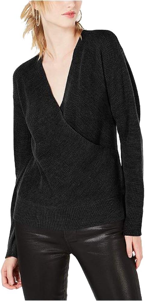 bar III Women's Surplice On of Off Shoulder Sweater, Deep Black, Small