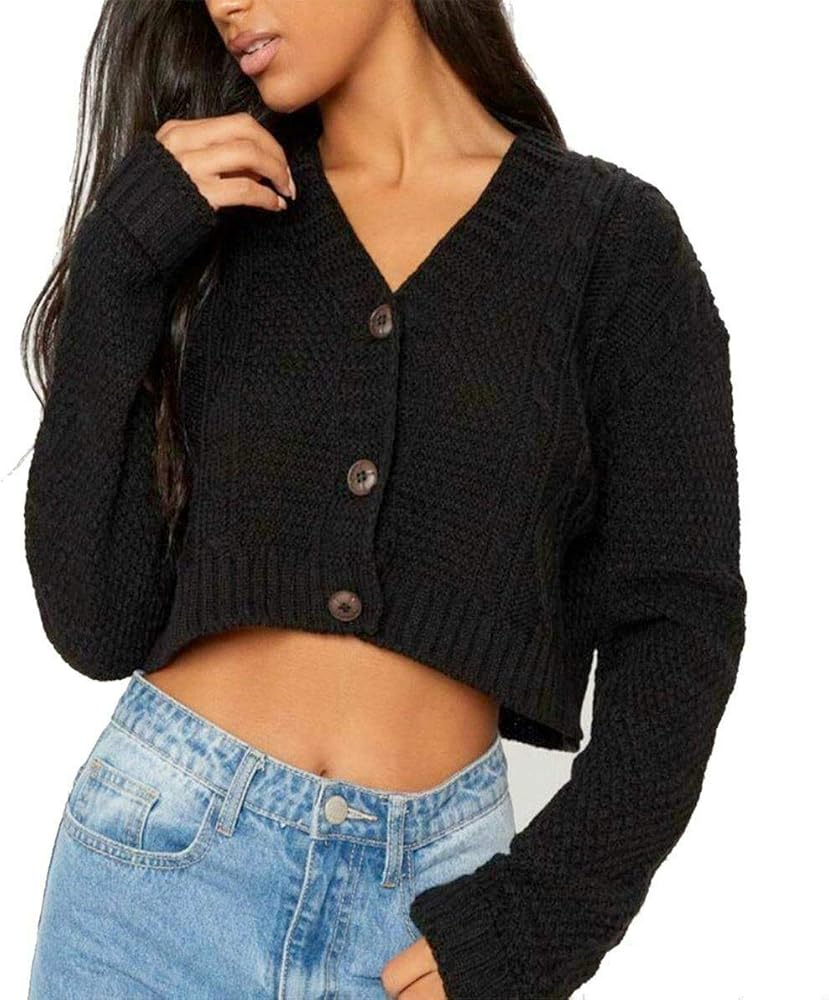 Womens Short Length Crop Sweater 3 Button Cable Knitted Cardigan Ladies Night Out Party Sweater Top S/M/L