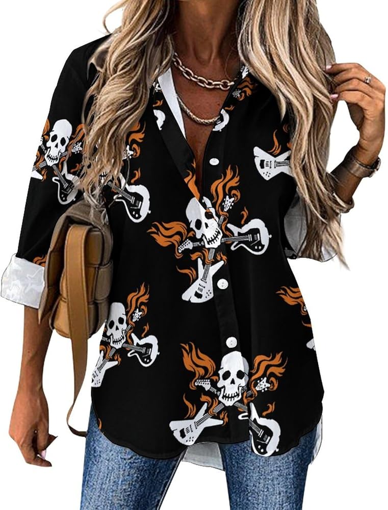 Skull with Crossed Flaming Guitars Classic Shirts for Women Long Sleeve Blouse Casual V Neck Tee Tops Work Office