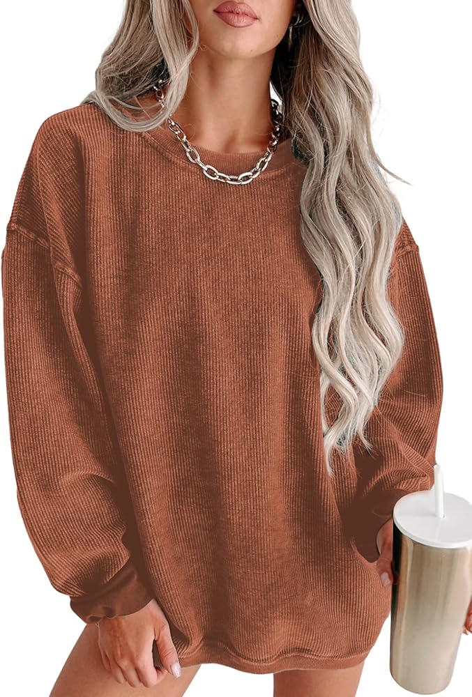 Acelitt Women's Casual Winter Crewneck Oversized Corduroy Sweatshirts Pullover Fashion 2023 Long Sleeve Comfy Hoodies Orange Large