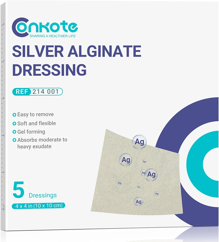 Conkote Silver Alginate Wound Dressing Pads 4” x 4”, 5 Pack, Non-Stick Padding Ag Patches, Highly Absorbent for Pressure Ulcer, Bed Sore and Diabetic Foot Ulcer