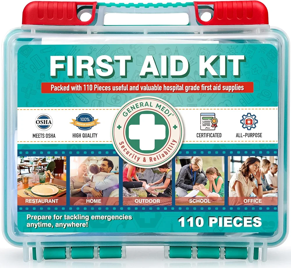 General Medi 110 Pieces Small First Aid Kit - HardCase First Aid Box - Contains Premium Medical Supplies for Travel, Home, Office, Vehicle, Camping, Workplace & Outdoor