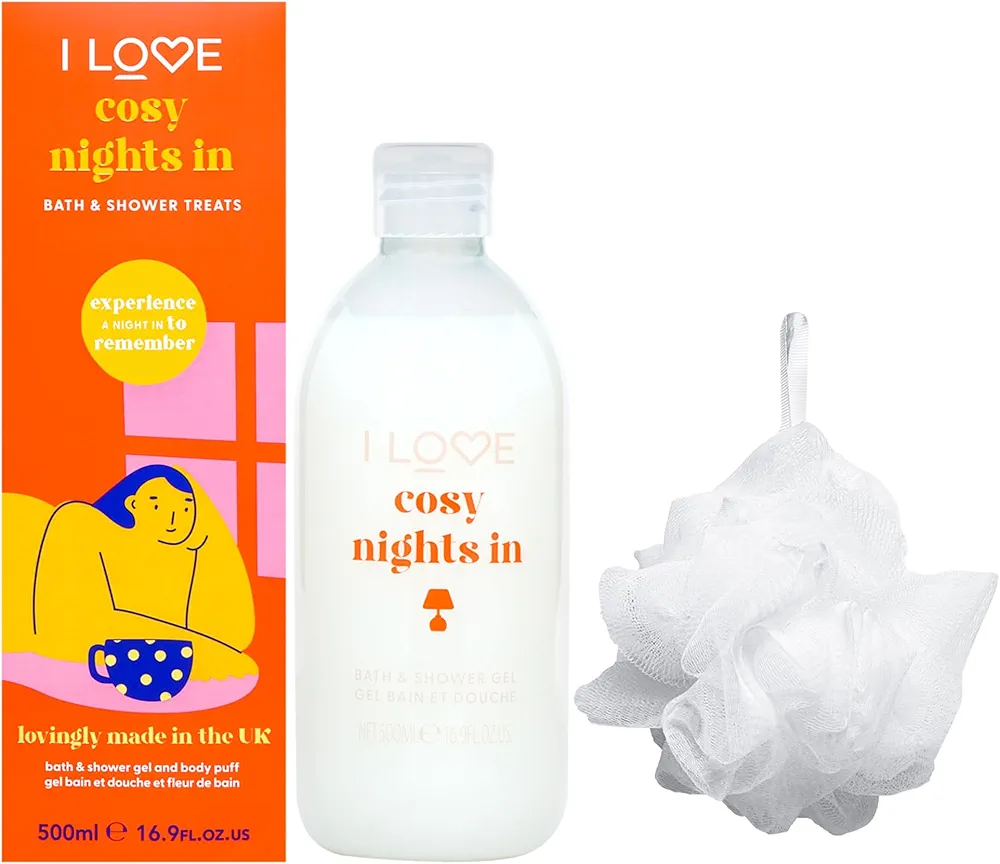 I Love Cosy Nights In Bathtime Treats Bath and Shower Gel - Body Wash and Body Exfoliator Scrub for Smooth Skin - Chocolate Marshmallow Scent - 1 pc