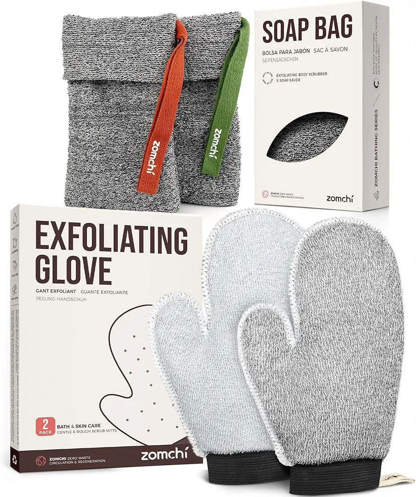 2 Pack Deep Exfoliating Soap Bags with 2 Pack Double Sided Exfoliating Glove (Deep and Gentle)