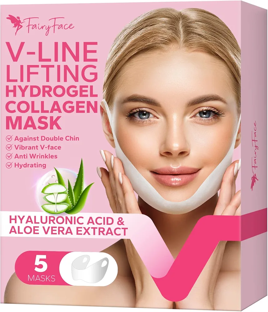 FairyFace V Line Lifting Mask, 5 Count Double Chin Reducer, Lifting Hydrogel Collagen Mask with Aloe Vera and Seaweed, Hydrating and Anti-aging, Creating a V-shaped Face Full of Vitality