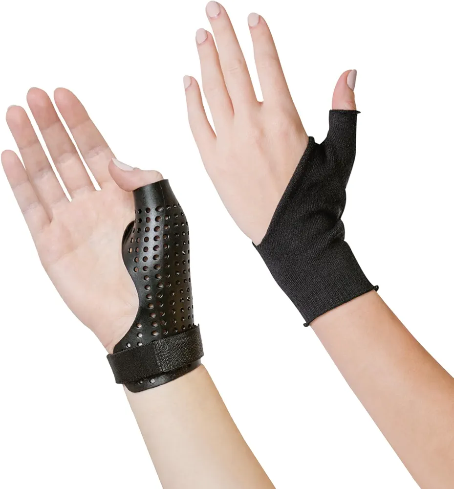 BraceAbility Thumb Brace Bundle - Hard Plastic Thumb Splint + Soft Undersleeve - Thumb Immobilizer Support for Arthritis, Tendonitis, Sprains Trigger Thumb, CMC Joint Relief (L-Right)