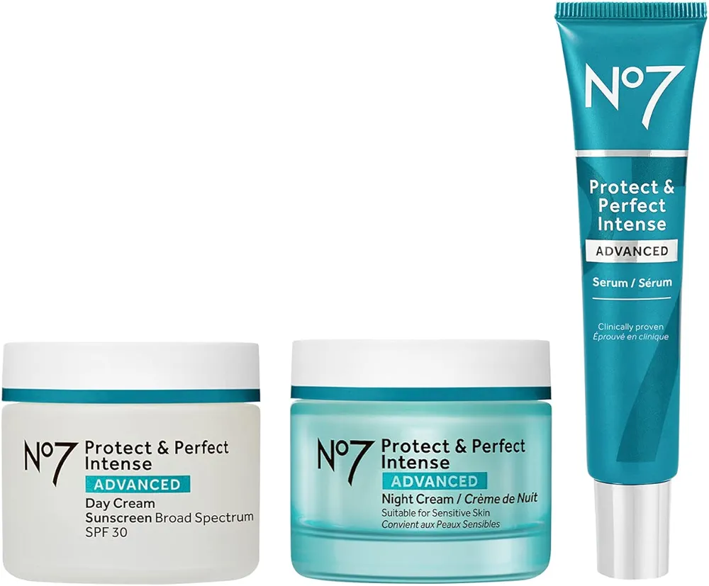 No7 Protect & Perfect Intense Advanced Anti Aging Skincare System - Day Cream with SPF 30 - Hydrating Shea Butter Night Cream - Rice Protein & Hyaluronic Acid Face Serum - Anti Aging (3 Piece Kit)