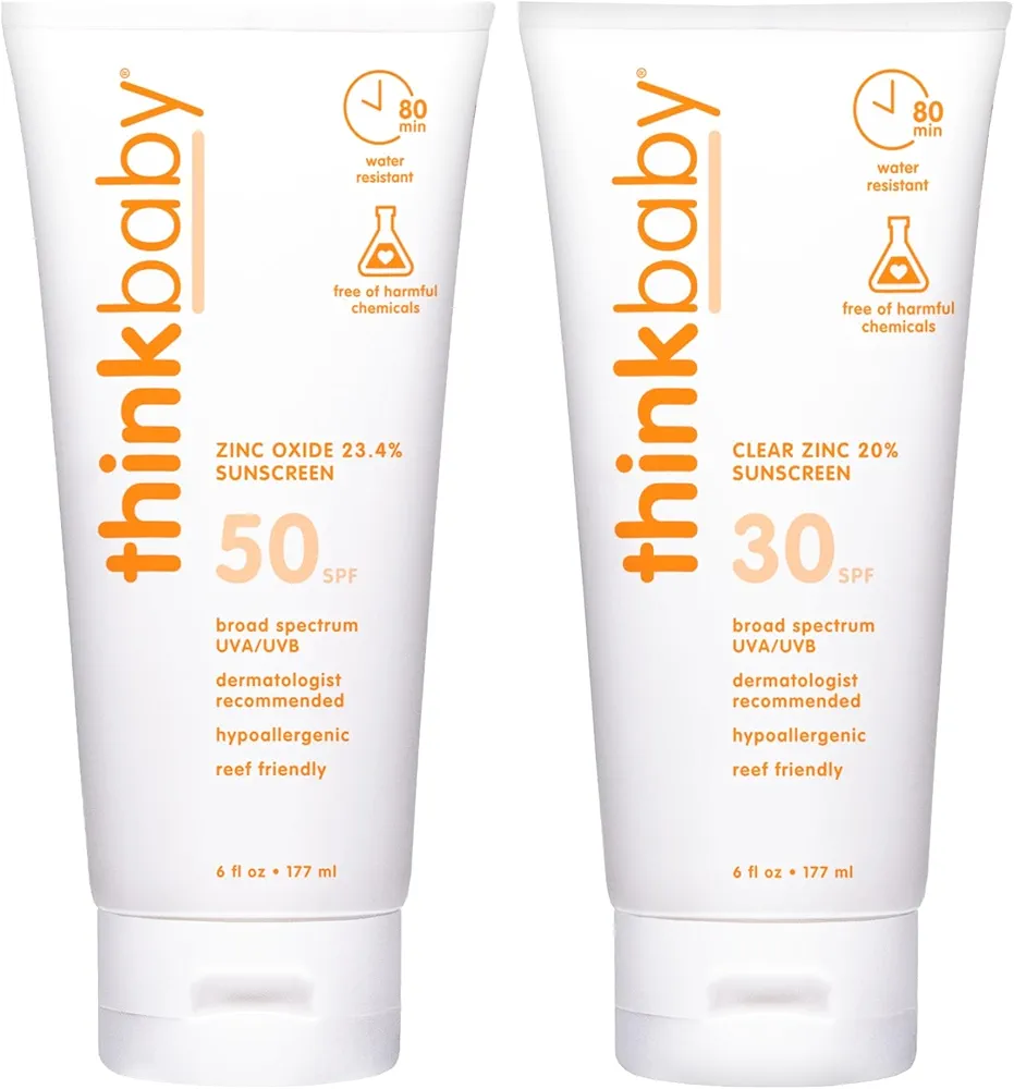 Thinkbaby SPF 50+ Baby Mineral Sunscreen, 6 oz + Thinkbaby Clear Zinc Oxide Baby Sunscreen, 6 oz, SPF 30, Water Resistant, Broad Spectrum UVA/UVB Sun Protection