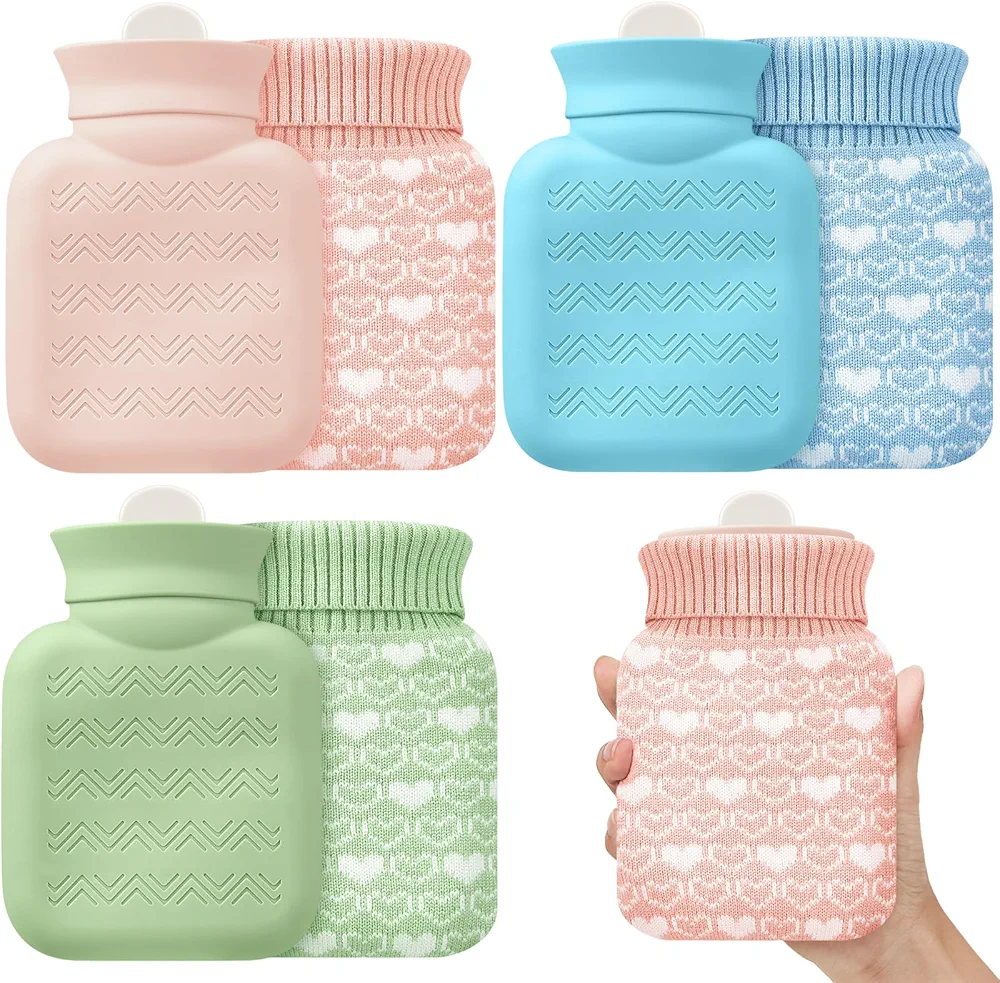 Amylove 3 Pcs Mini Hot Water Bottle Silicone Hot Water Bottle with Cover Microwave Baby Water Bottles Small Hot Water Bag for Kids Travel Pain Relief Holiday Gifts (Pink, Blue, Green)