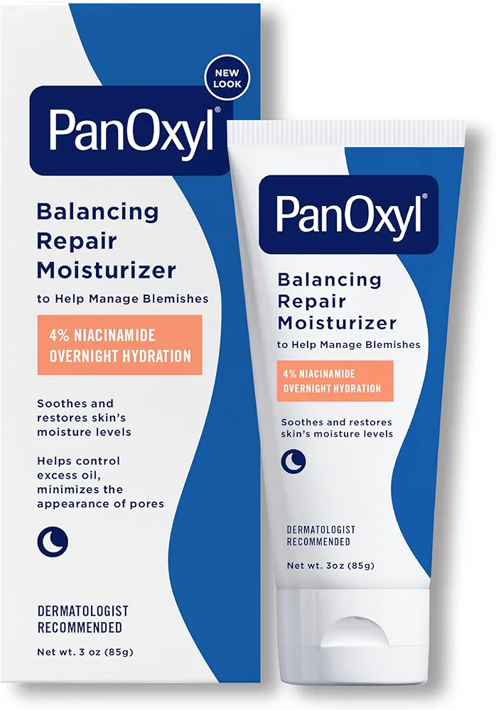 PanOxyl PM Balancing Repair Moisturizer with Niacinamide, Ceramides and Cica, Hydrating Face Moisturizer, Acne Prone Skin and Dry Skin, Non-Comedogenic Night Face Moisturizer, 3 oz